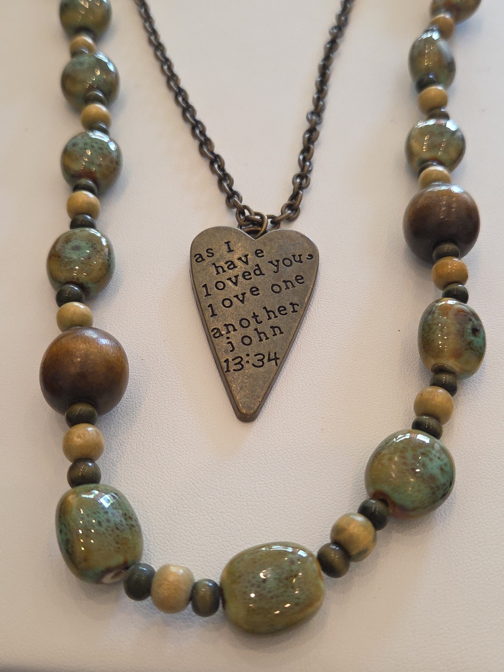 Antique Bronze Heart Scripture Pendant Necklace And Green and Brown Beads